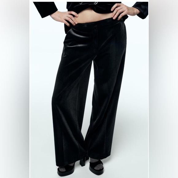 ZARA wide black velvet trousers size medium - Picture 3 of 14